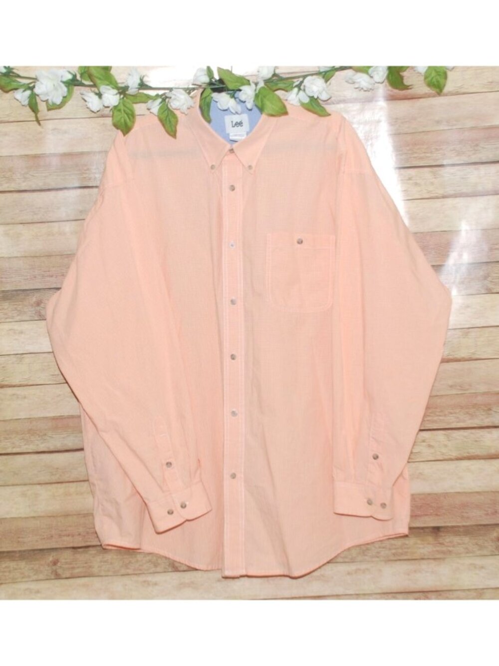 Lee Mens Orange Peach Shirt Size XXL Long Sleeve Button Down Micro Check Pocket